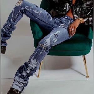 Extra Long Jeans, Ripped Holes Distressed Slash Pockets High-Stretch Denim